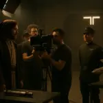 A behind-the-scenes Star Wars set featuring iconic costumes, props, and lighting techniques