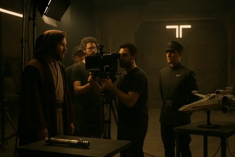 A behind-the-scenes Star Wars set featuring iconic costumes, props, and lighting techniques