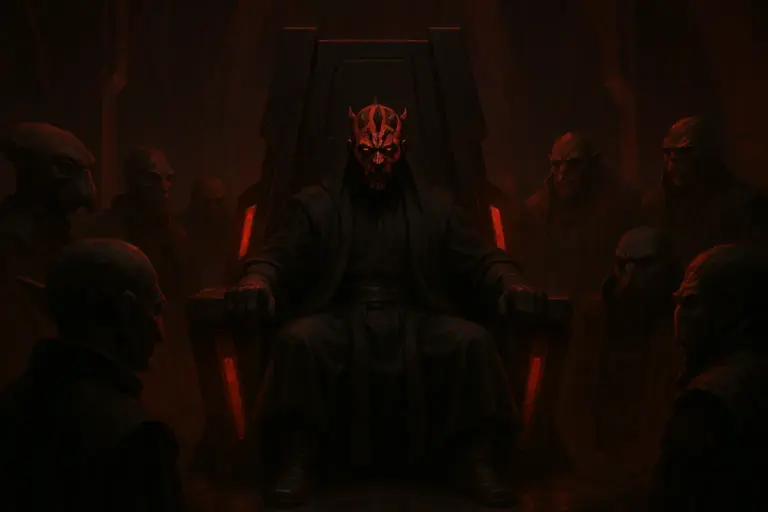 Maul facing syndicate leaders in a shadowy underworld scene