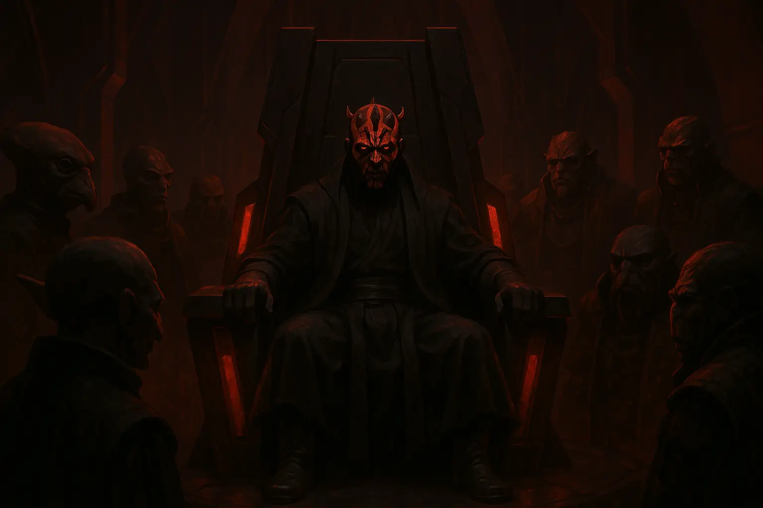 Maul facing syndicate leaders in a shadowy underworld scene