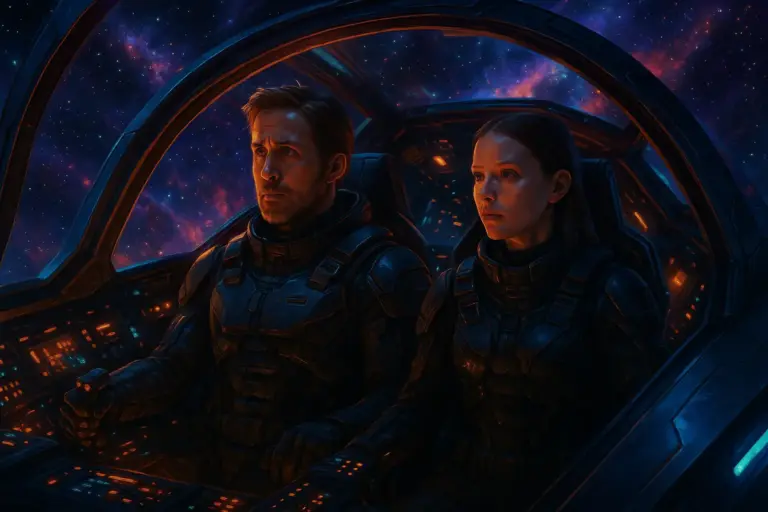 Ryan Gosling and Mia Goth as new Starfighter characters in a futuristic space battle scene