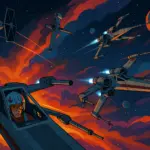 A dynamic squadron of starfighters in formation amid colorful nebula clouds, iconic ships from Clone Wars and Rebels visible.