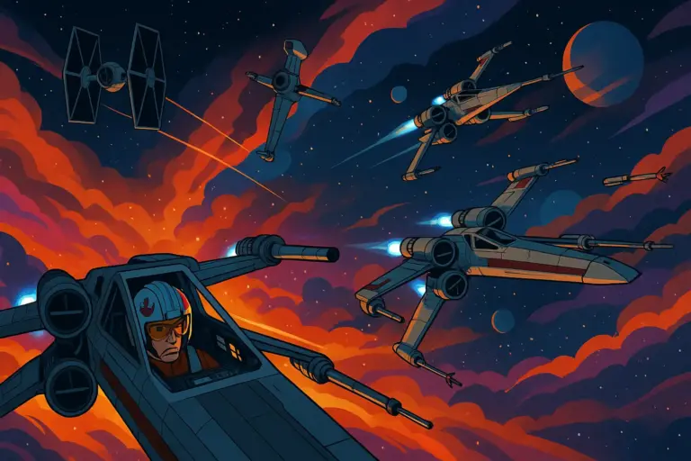 A dynamic squadron of starfighters in formation amid colorful nebula clouds, iconic ships from Clone Wars and Rebels visible.
