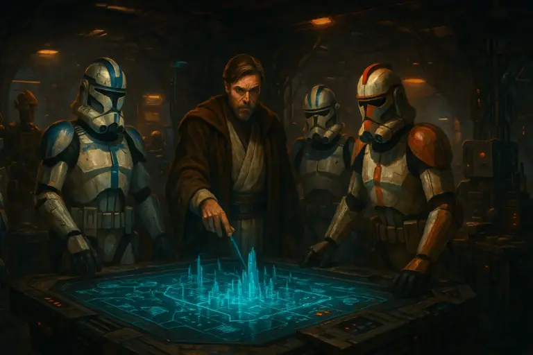 Clone troopers squad in tactical action during a mission