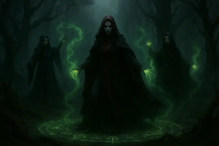 Dathomir Nightsisters conjuring green magic in the eerie mists