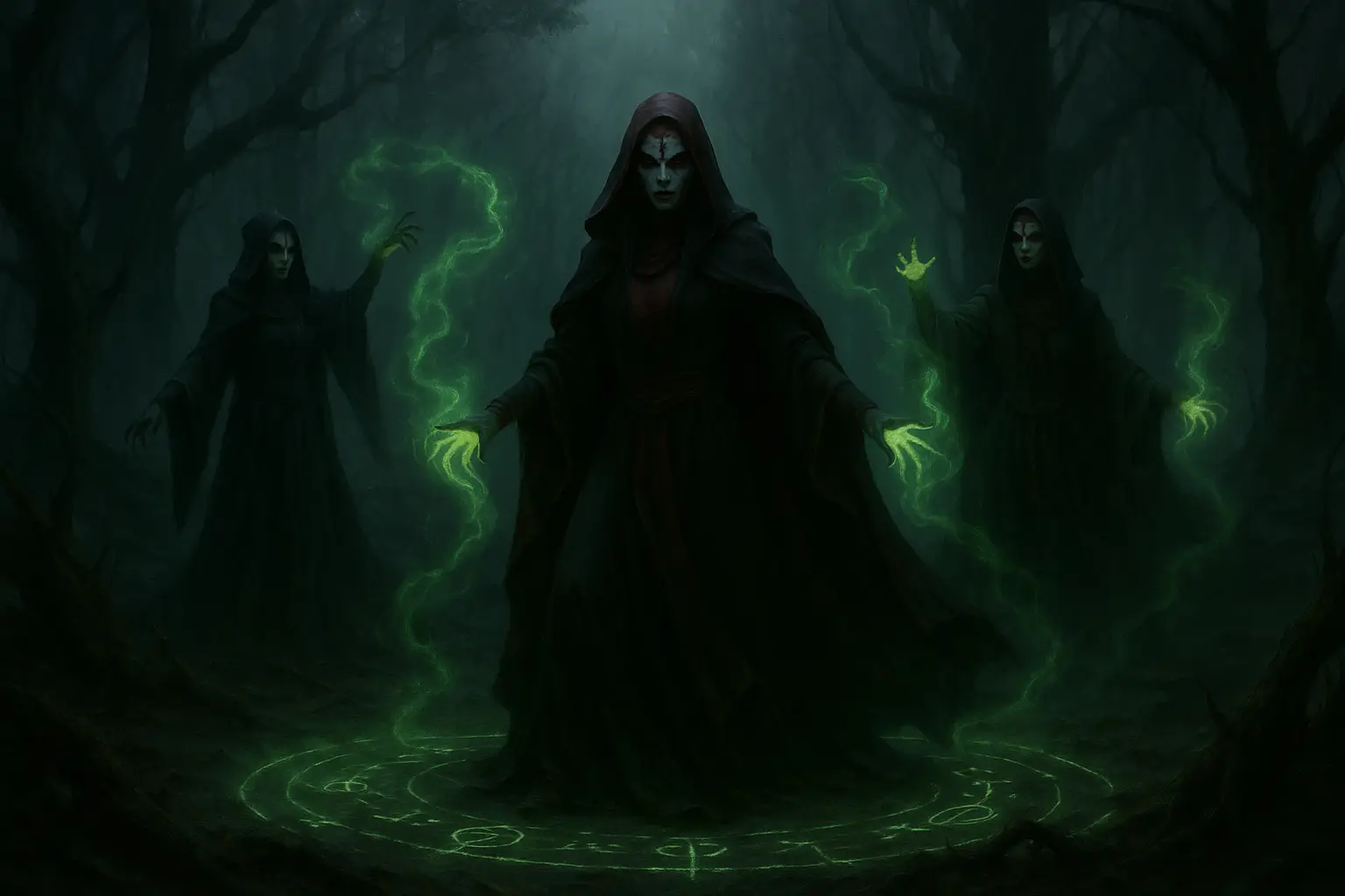 Dathomir Nightsisters conjuring green magic in the eerie mists